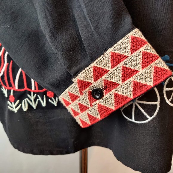 Coruja Womens Black Allover Colorful Embroidered 1/2 Button L/S Tunic Top M - Picture 8 of 12